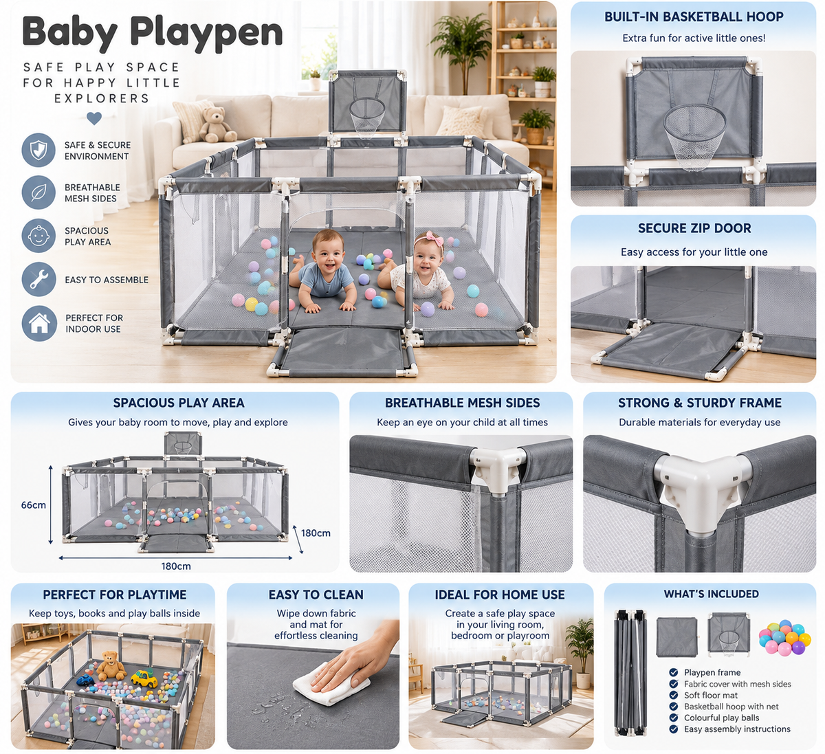 1.8 Metre Baby Playpen – Grey