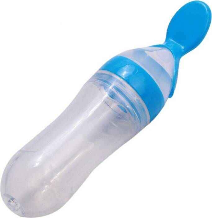 Silicone Baby Nursing Bottle with Spoon - Blue/Orange/Pink