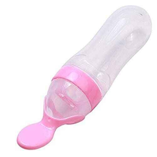Silicone Baby Nursing Bottle with Spoon - Blue/Orange/Pink